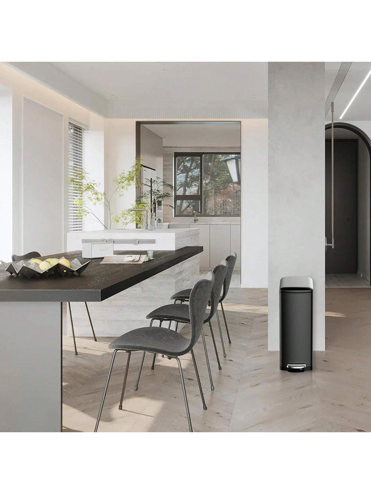 Left. GARVEE - 8 Gallon Trash Can Slim Kitchen Trash Can With Soft Close Lid Stainless Steel Garbage Can With Removable Bucket - Black.