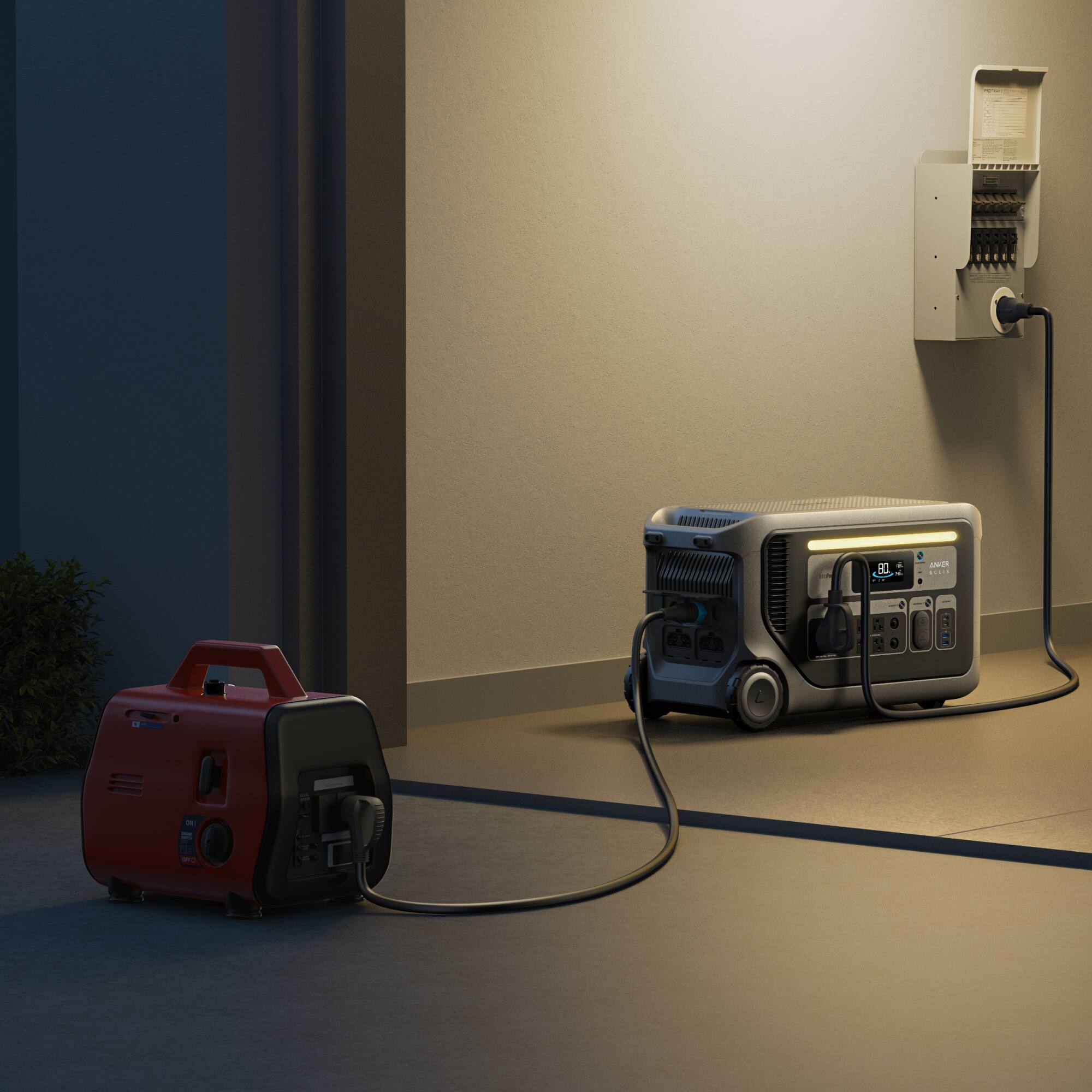 A red and black portable generator is sitting next to a grey and black portable generator.