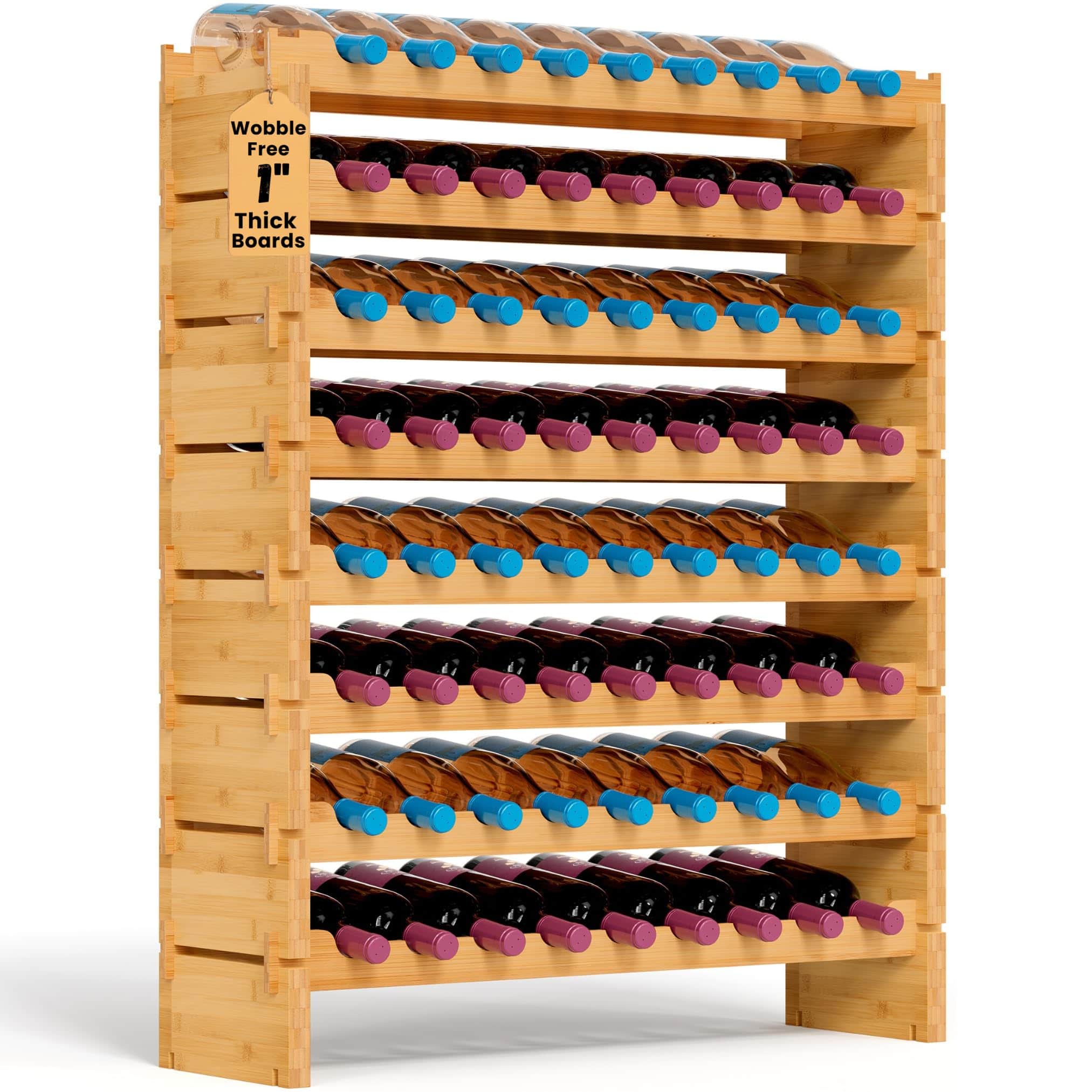 NutriChef - 72 Bottle Wine Rack, Bamboo, 8-Tier Modular Shelf, Wobble-Free, Easy No-Tool Assembly (SLWMDSF226)