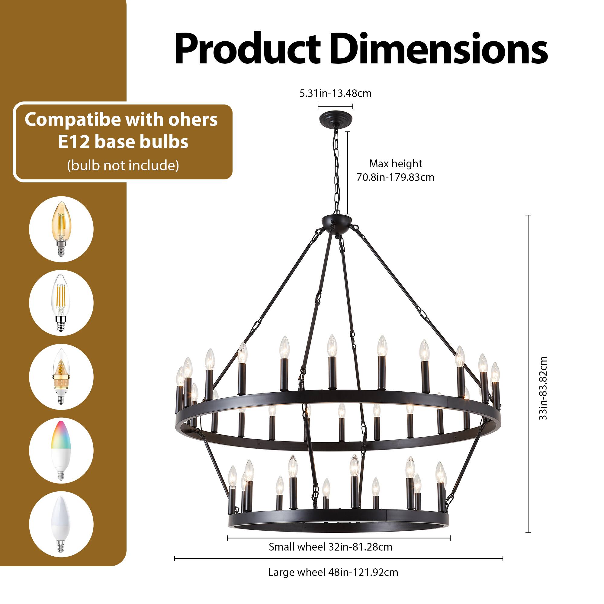 Alt View 1. RYHNUYNE - 36 Light Black Wagon Wheel Chandelier 48 Inch 2 Tier Large Round Farmhouse Pendant Light Fixture for Foyer Entryway - Black.