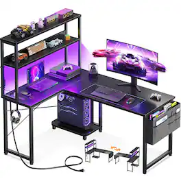AODK - Reversible L-Shaped Gaming Desk with LED Light, Power Outlet, Shelf, Storage Bag and Hook - Black