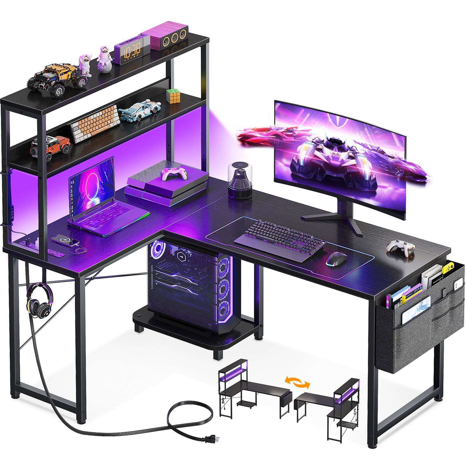 Front. AODK - Reversible L-Shaped Gaming Desk with LED Light, Power Outlet, Shelf, Storage Bag and Hook - Black.