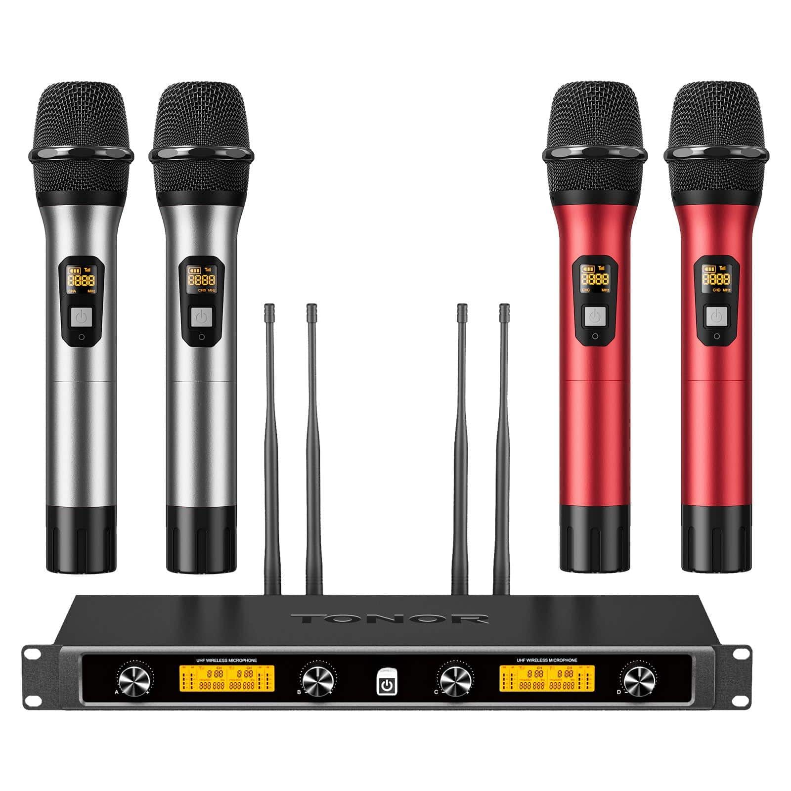 Reds Spade - Microphones system with channels metal cordless handheld microfonos antennas for uhf range mics stable - Silver & Red 4 Mics