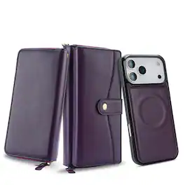 Dteck - RFID Leather Wallet Phone Case for Apple iPhone 17 Pro, Magnetic Detachable Card Holder Cover with Wrist Strap - Purple
