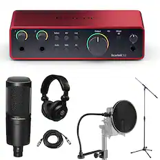 Focusrite Scarlett 2i2 audio-technica.
1 2 Select 48V Inst Output Direct. Auto Safe Air.