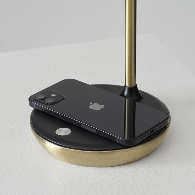 Back. Brightech - Ezra LED Modern Industrial Arc Dimmable Bedside Nightstand Desk Lamp with Wireless Charging Pad - Antiqued Brass.