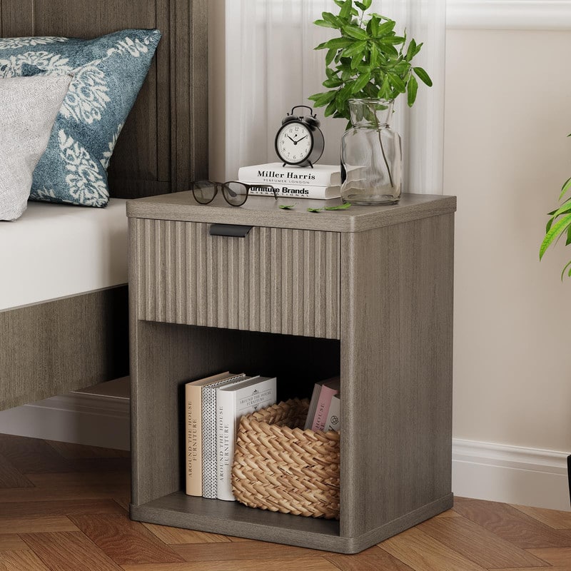 Vipbear - Nightstand Scandinavian Nightstand with Recessed Drawers Storage Cabinet Modern Wooden Nightstand - Gray