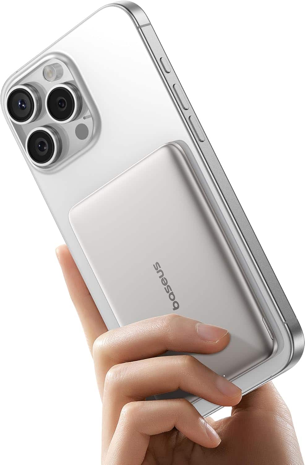 Front. Baseus - Baseus Picogo 5000mAh Ultra-Slim MagSafe Power Bank, Card-Size Wireless Charger with USB-C Braided Cable,Silver - Silver.