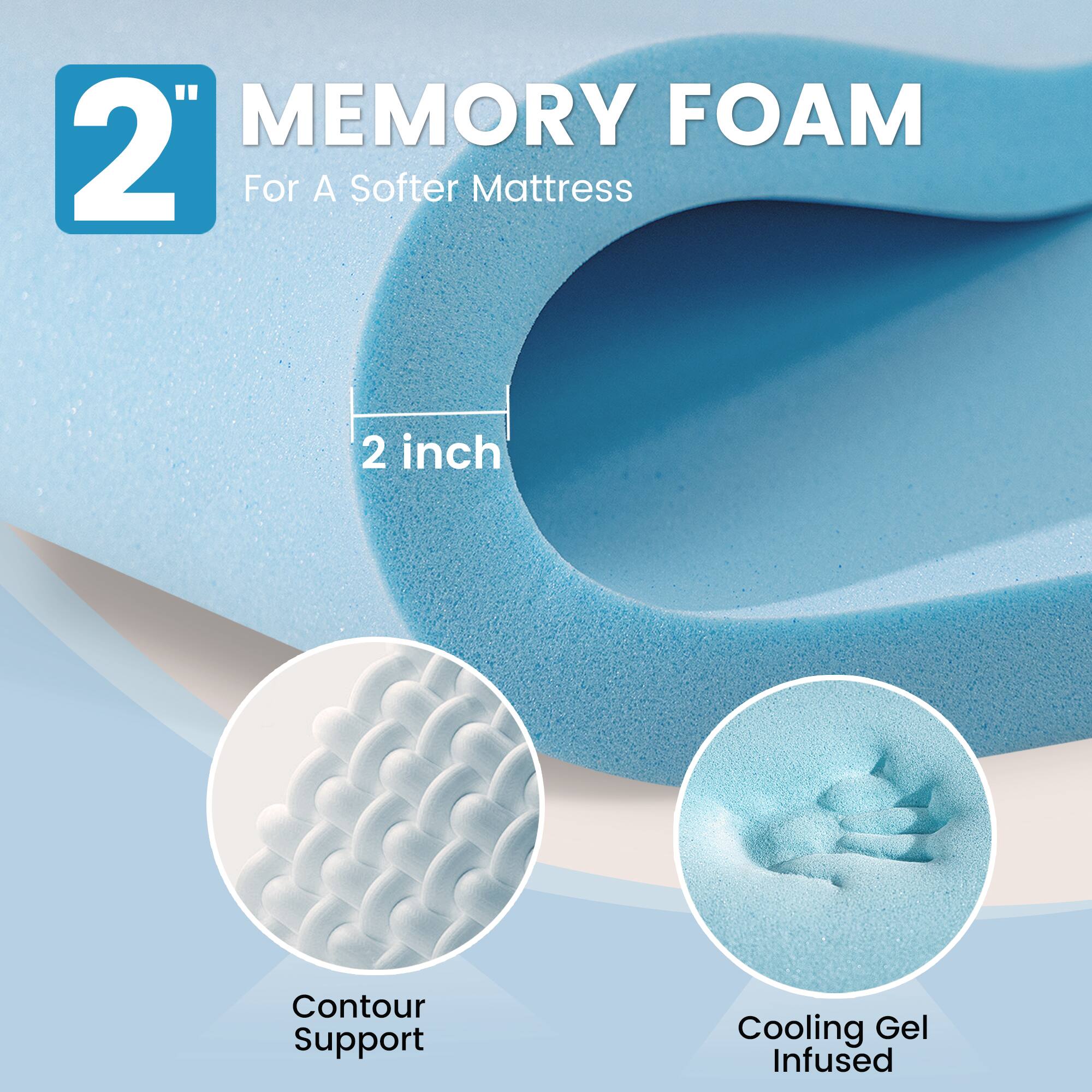 MEMORY FOAM 2" For A Softer Mattress 2 inch Contour Support Cooling Gel Infused