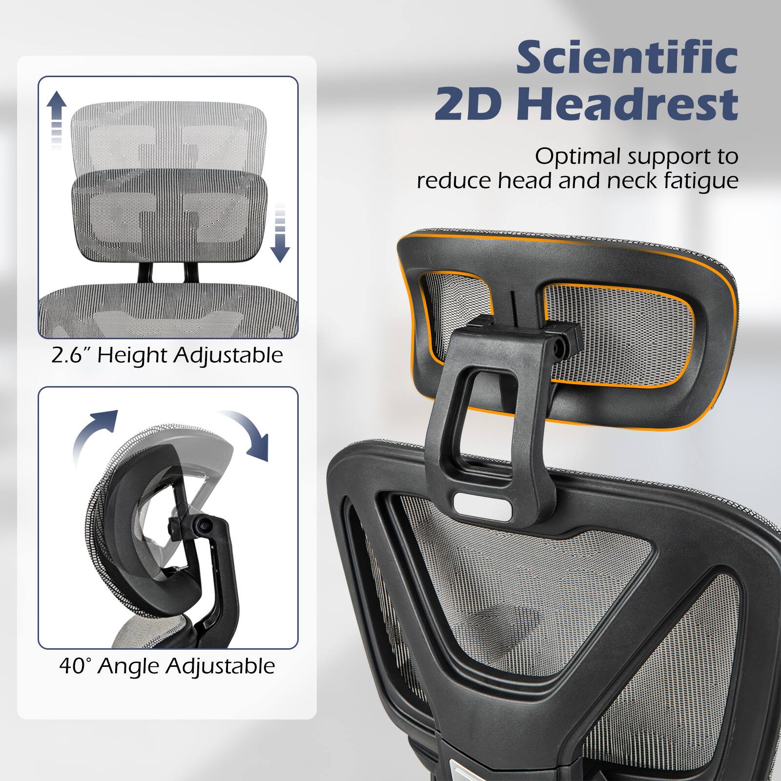 Scientific 2D Headrest: Optimal support to reduce head and neck fatigue. 2.6" Height Adjustable. 40 Angle Adjustable.