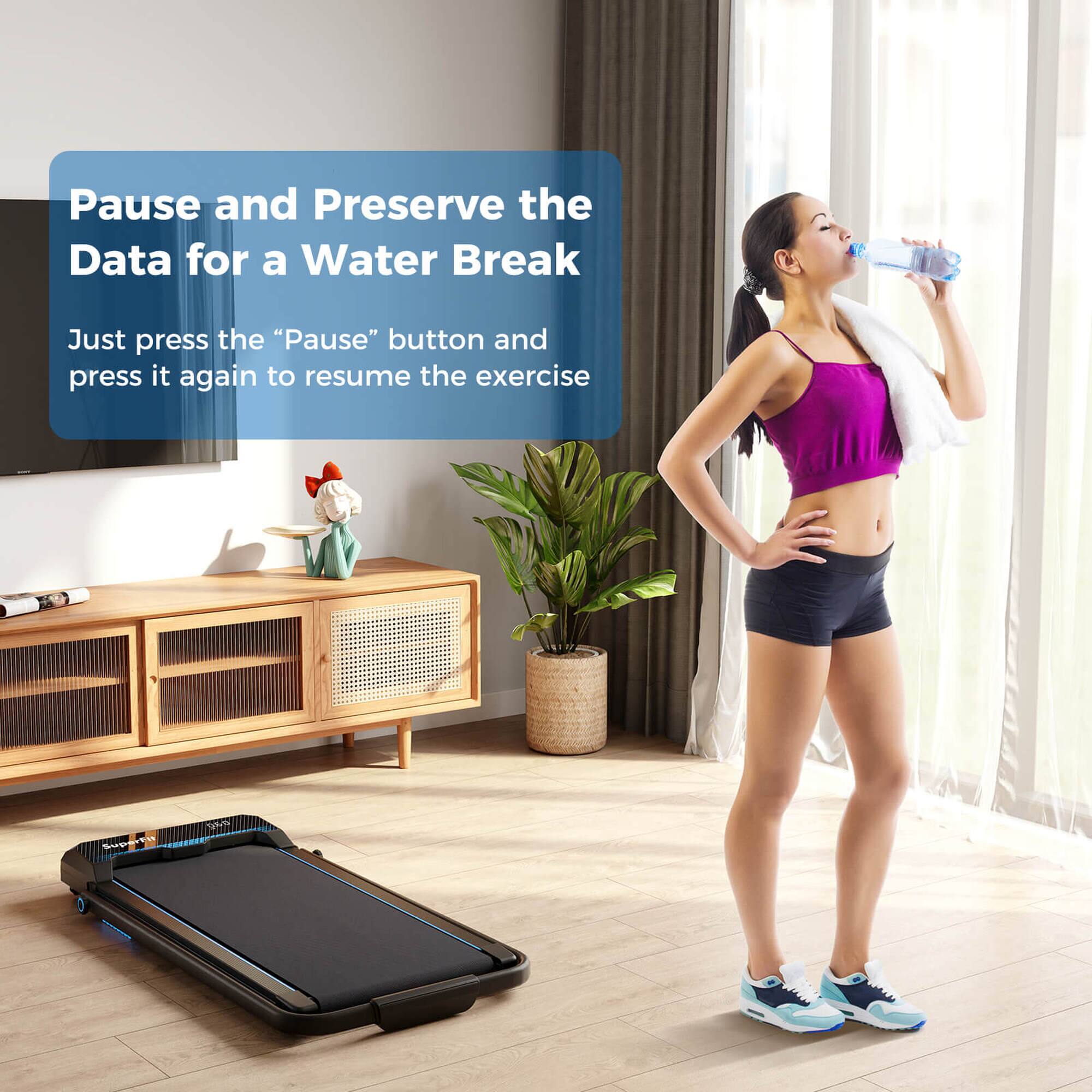 Pause and Preserve the Data for a Water Break

Just press the “Pause” button and press it again to resume the exercise