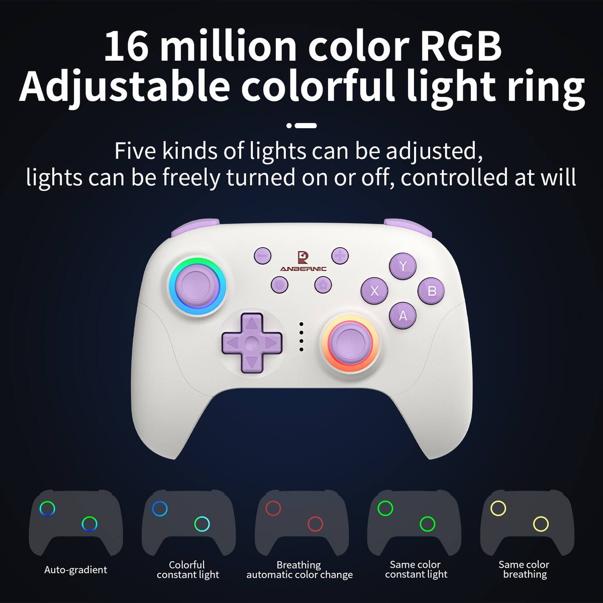 16 million color RGB Adjustable colorful light ring

Five kinds of lights can be adjusted, lights can be freely turned on or off, controlled at will

- Auto-gradient
- Colorful constant light
- Breathing automatic color change
- Same color constant light
- Same color breathing
