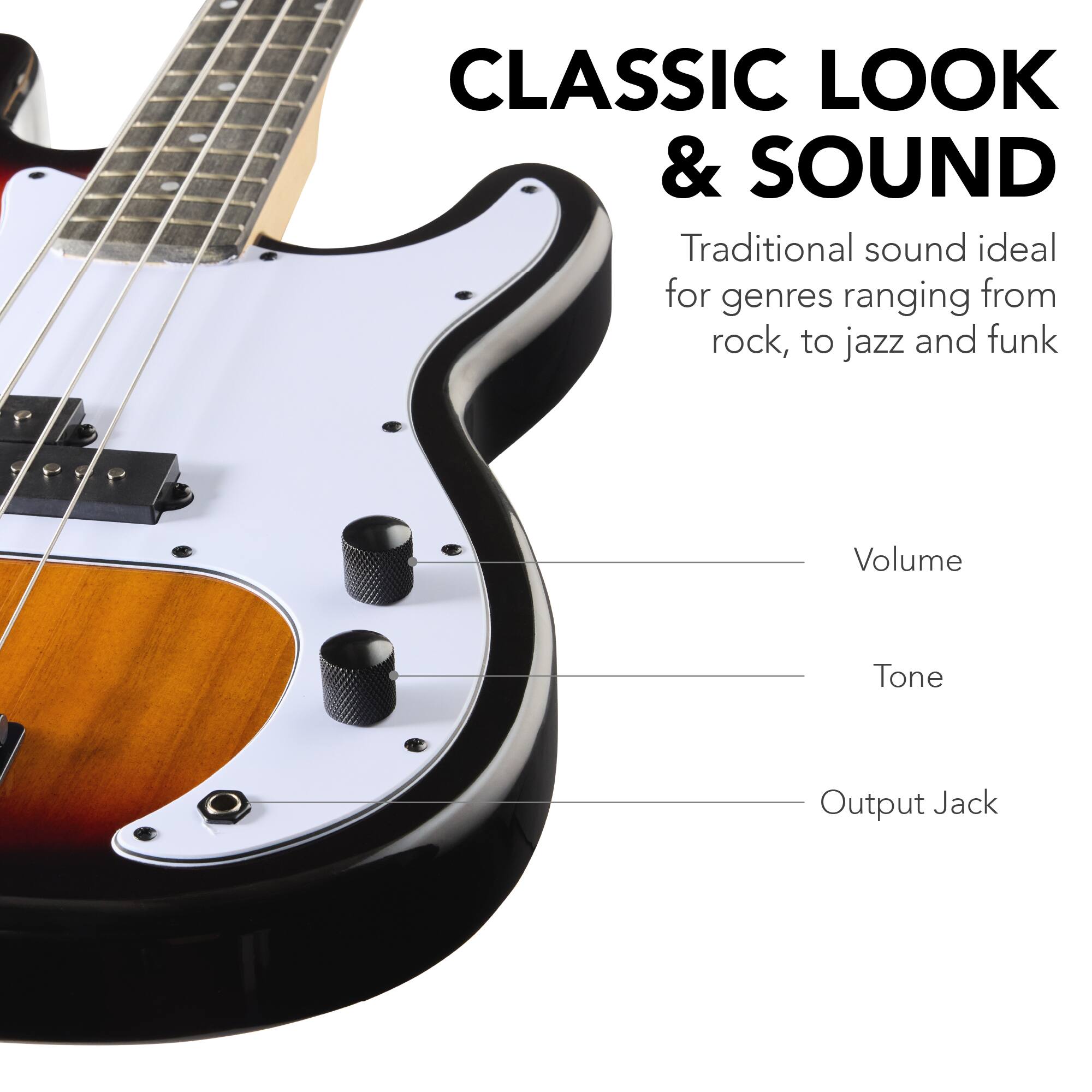 CLASSIC LOOK & SOUND

Traditional sound ideal for genres ranging from rock, to jazz and funk

Volume  
Tone  
Output Jack