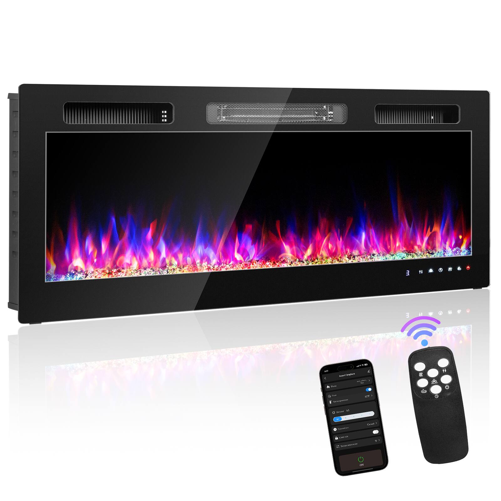Alt View 8. Winado - 50" Electric Fireplace Insert, 1500W Wall-mounted/Built-in Fireplace Heater with WIFI Control, Remote Control, 12 Color - Black.