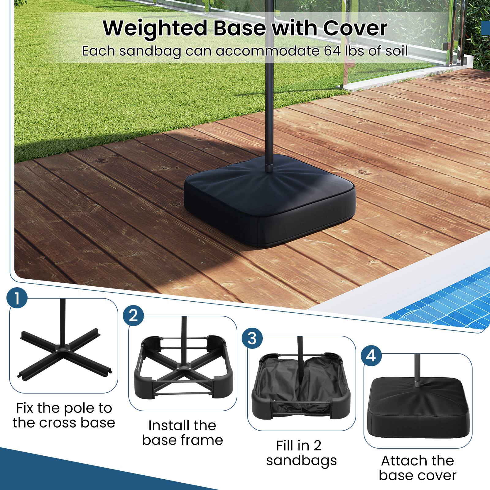 Weighted Base with Cover  
Each sandbag can accommodate 64 lbs of soil

1. Fix the pole to the cross base
2. Install the base frame
3. Fill in 2 sandbags
4. Attach the base cover