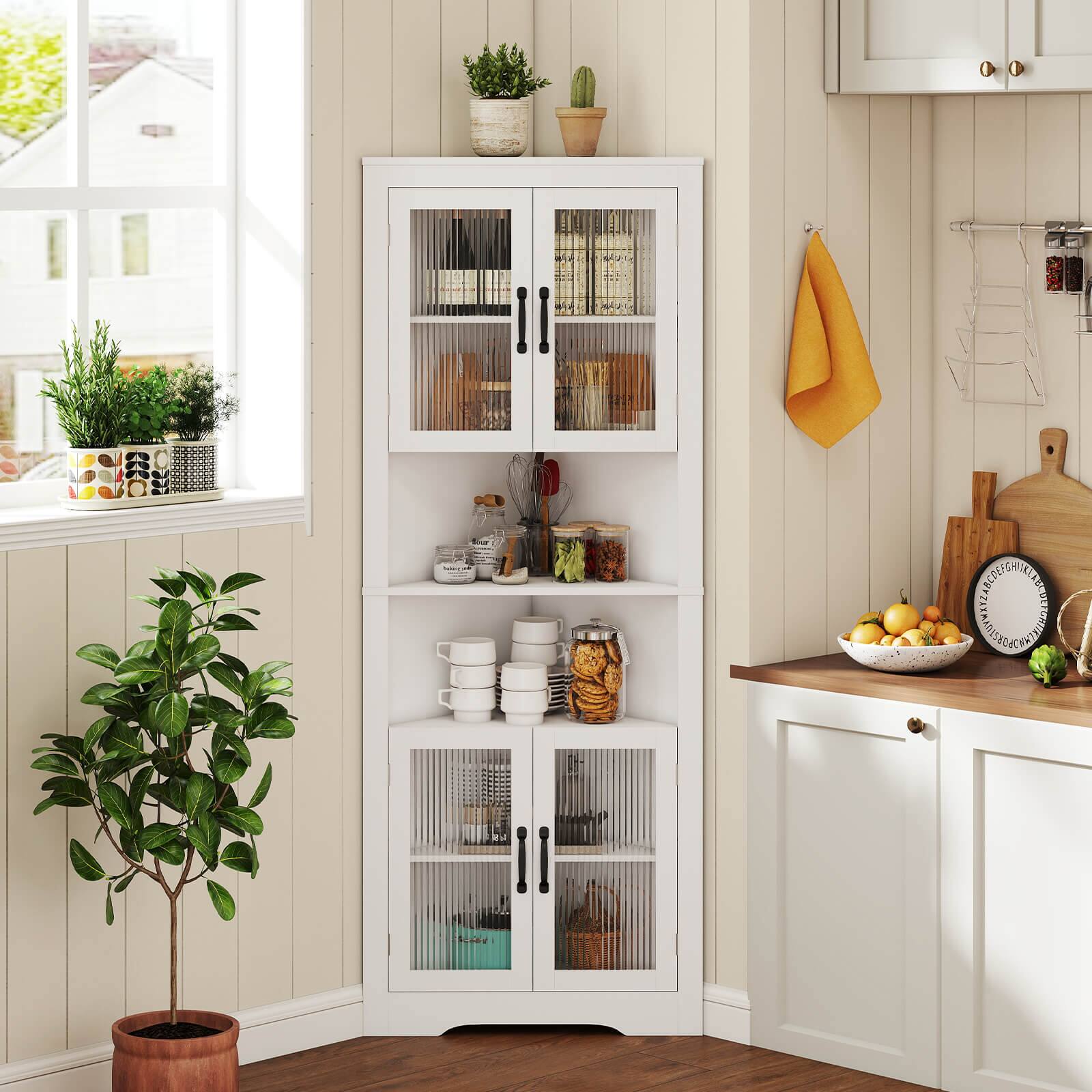 Alt View 3. Costway - Costway 67" Tall Corner Hutch with  4 Fluted Glass Doors 3-Level Adjustable Shelves - White.