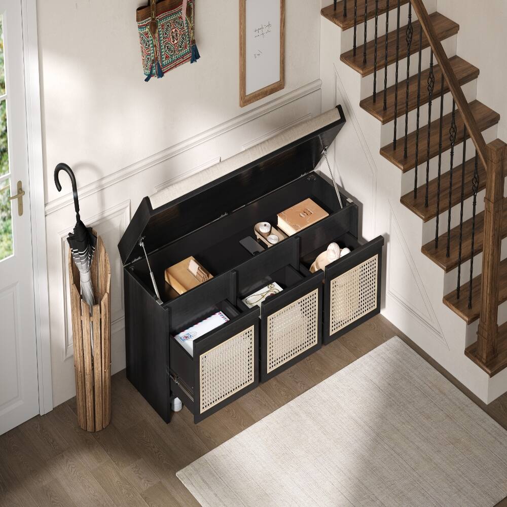 Angle. Ropilly - Ropilly 48 Inch Black Entryway Shoe Bench with Rattan Drawers, Retro Storage Bench for Hallway - Black.