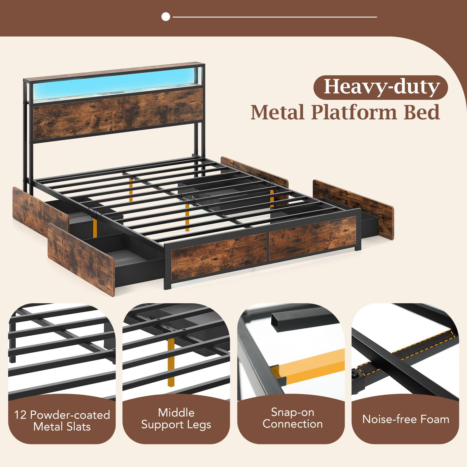 Heavy-duty Metal Platform Bed

- 12 Powder-coated Metal Slats
- Middle Support Legs
- Snap-on Connection
- Noise-free Foam