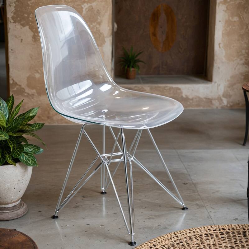 Angle. LeisureMod - Cresco Modern Acrylic Dining Chair, Ergonomic Curved Seat with Chrome Eiffel Base - Clear.