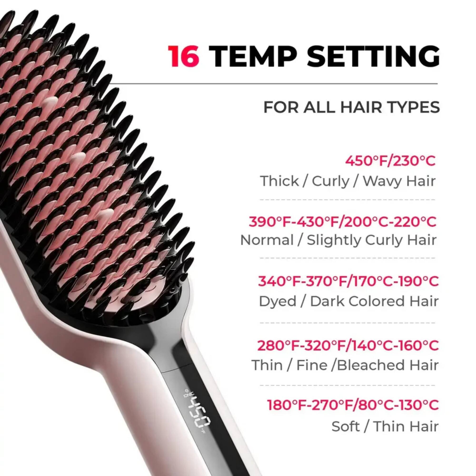16 TEMP SETTING FOR ALL HAIR TYPES

- 450°F/230°C: Thick / Curly / Wavy Hair
- 390°F-430°F/200°C-220°C: Normal / Slightly Curly Hair
- 340°F-370°F/170°C-190°C: Dyed / Dark Colored Hair
- 280°F-320°F/140°C-160°C: Thin / Fine / Bleached Hair
- 180°F-270°F/80°C-130°C: Soft / Thin Hair