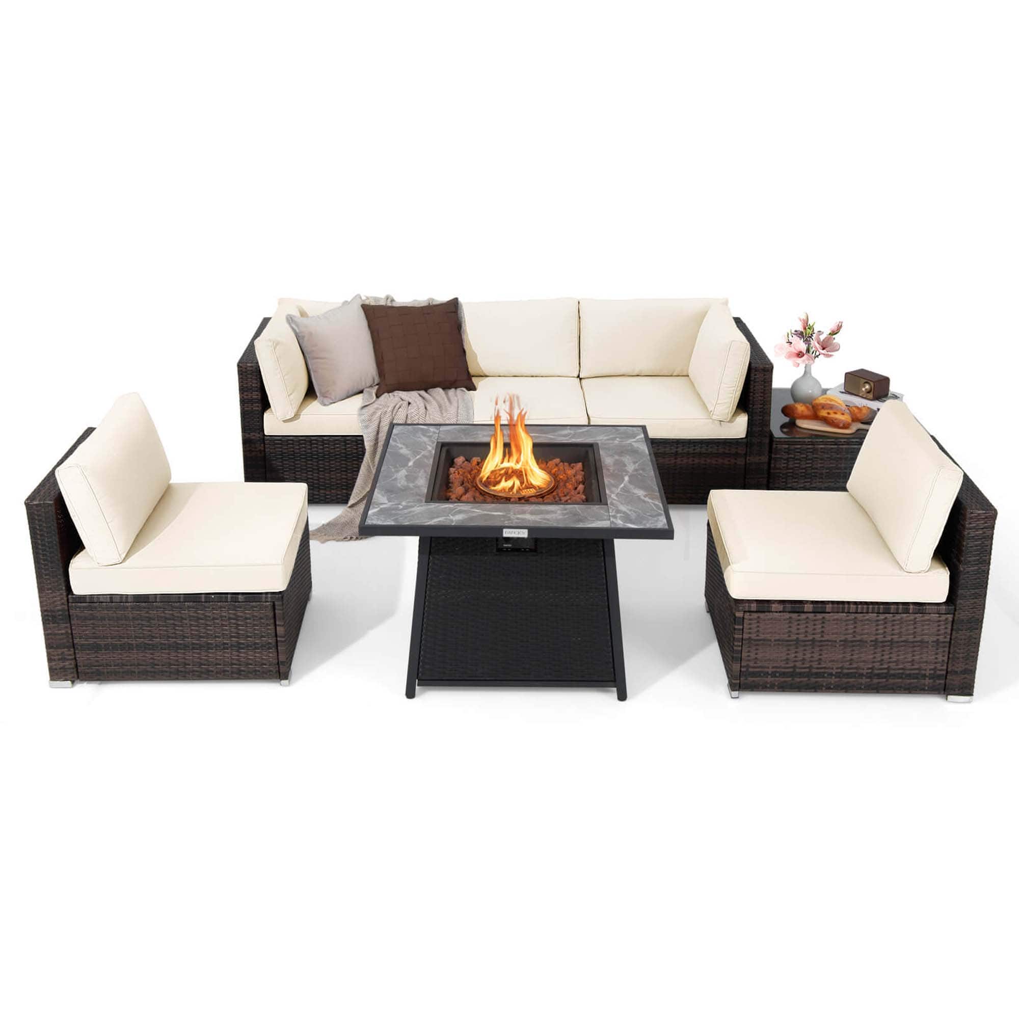 Front. Costway - 7 PCS Patio Furniture Set with 35" Propane Gas Fire Pit Table & Waterproof Cover - White.