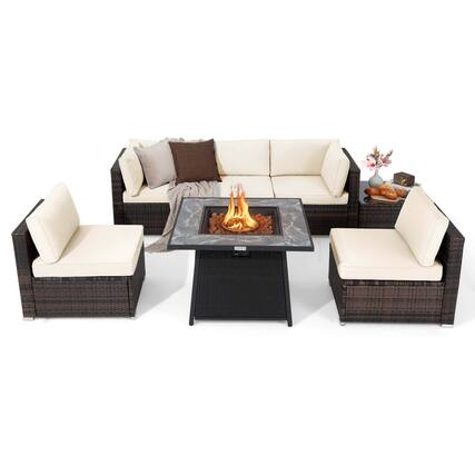 Front. Costway - 7 PCS Patio Furniture Set with 35" Propane Gas Fire Pit Table & Waterproof Cover - White.