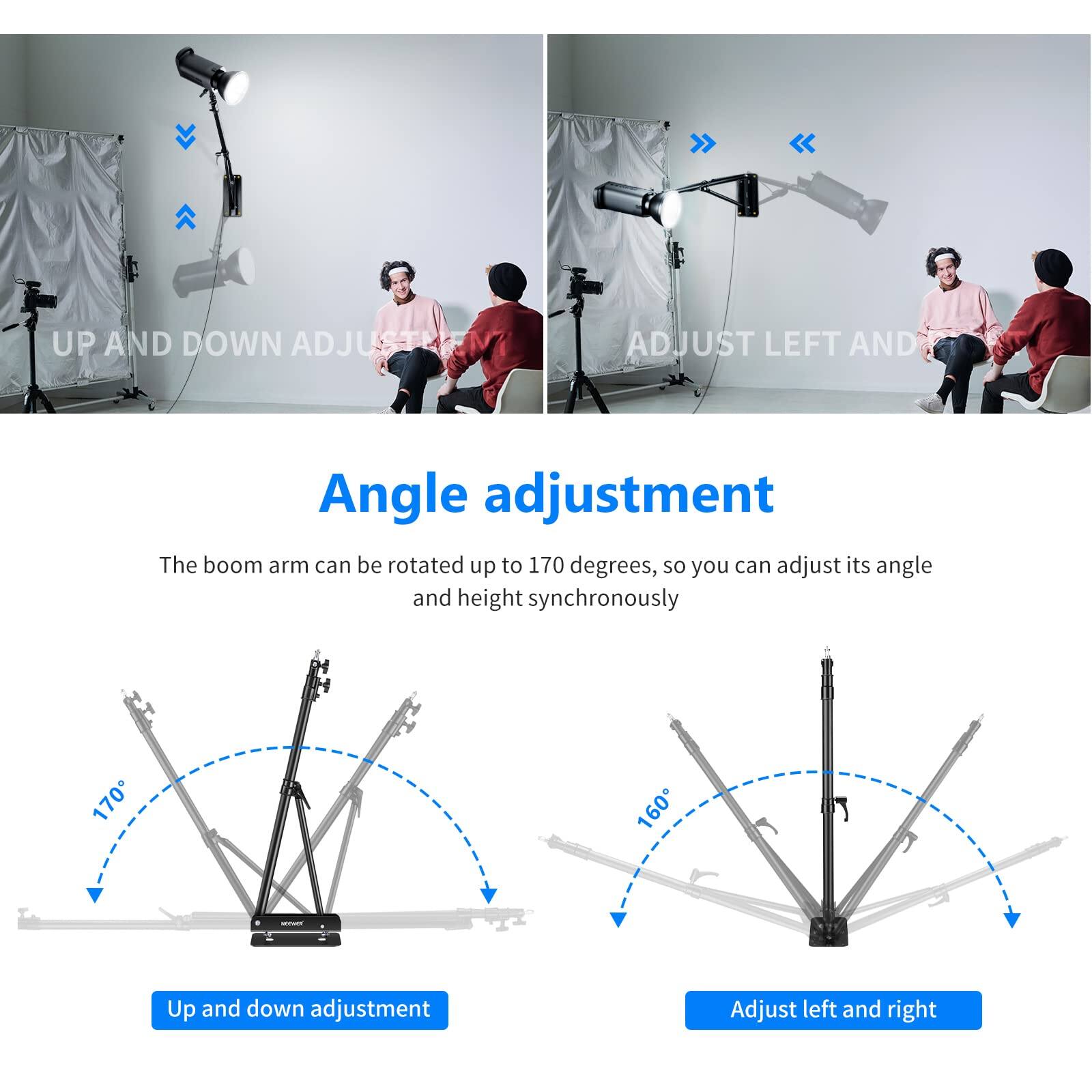UP AND DOWN ADJUSTMENT

ADJUST LEFT AND RIGHT

Angle adjustment

The boom arm can be rotated up to 170 degrees, so you can adjust its angle and height synchronously

170 degrees

160 degrees

Up and down adjustment

Adjust left and right