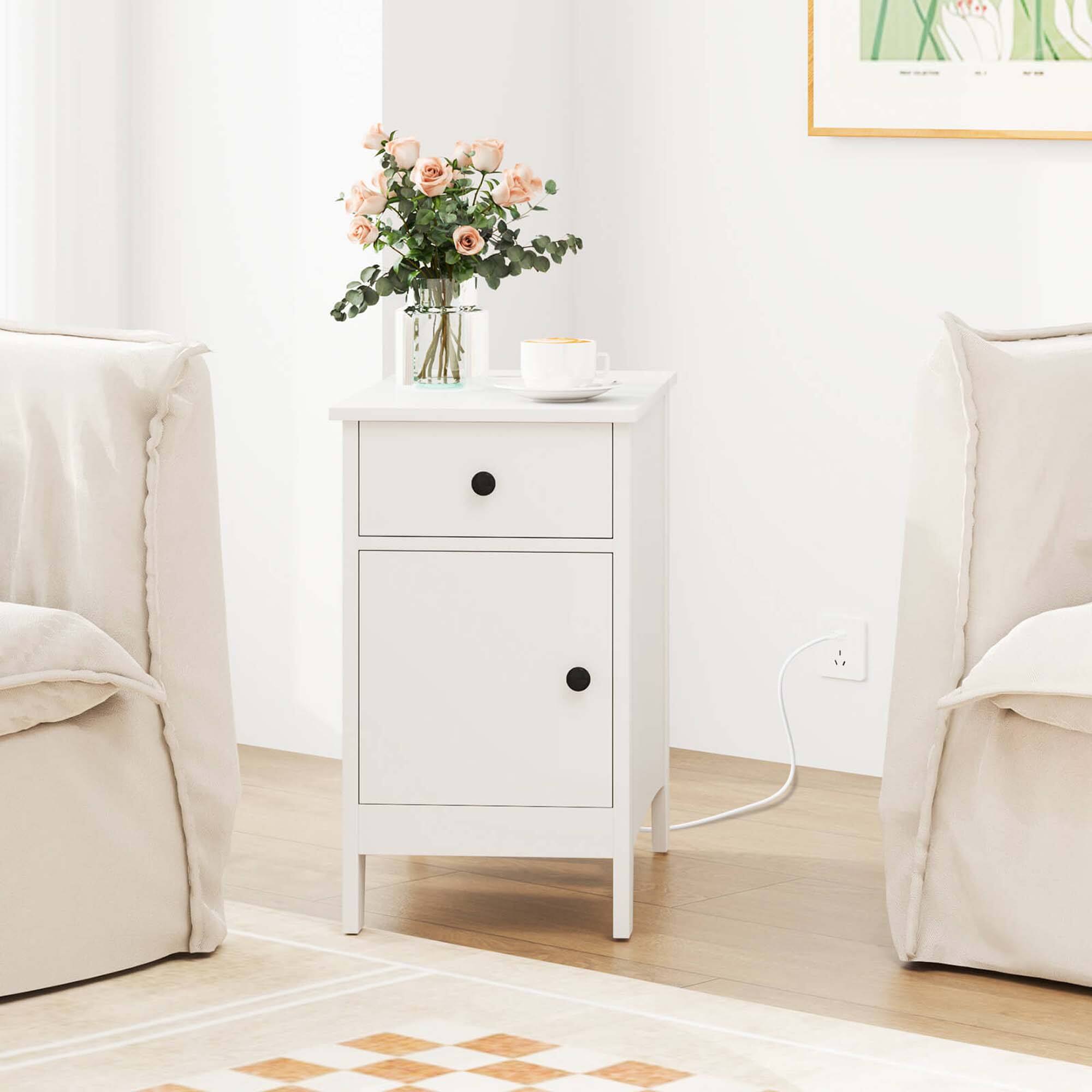 Left. Costway - Costway End Table with Charging Station Flip Top Bedside Table with USB Ports & Outlets White - White.