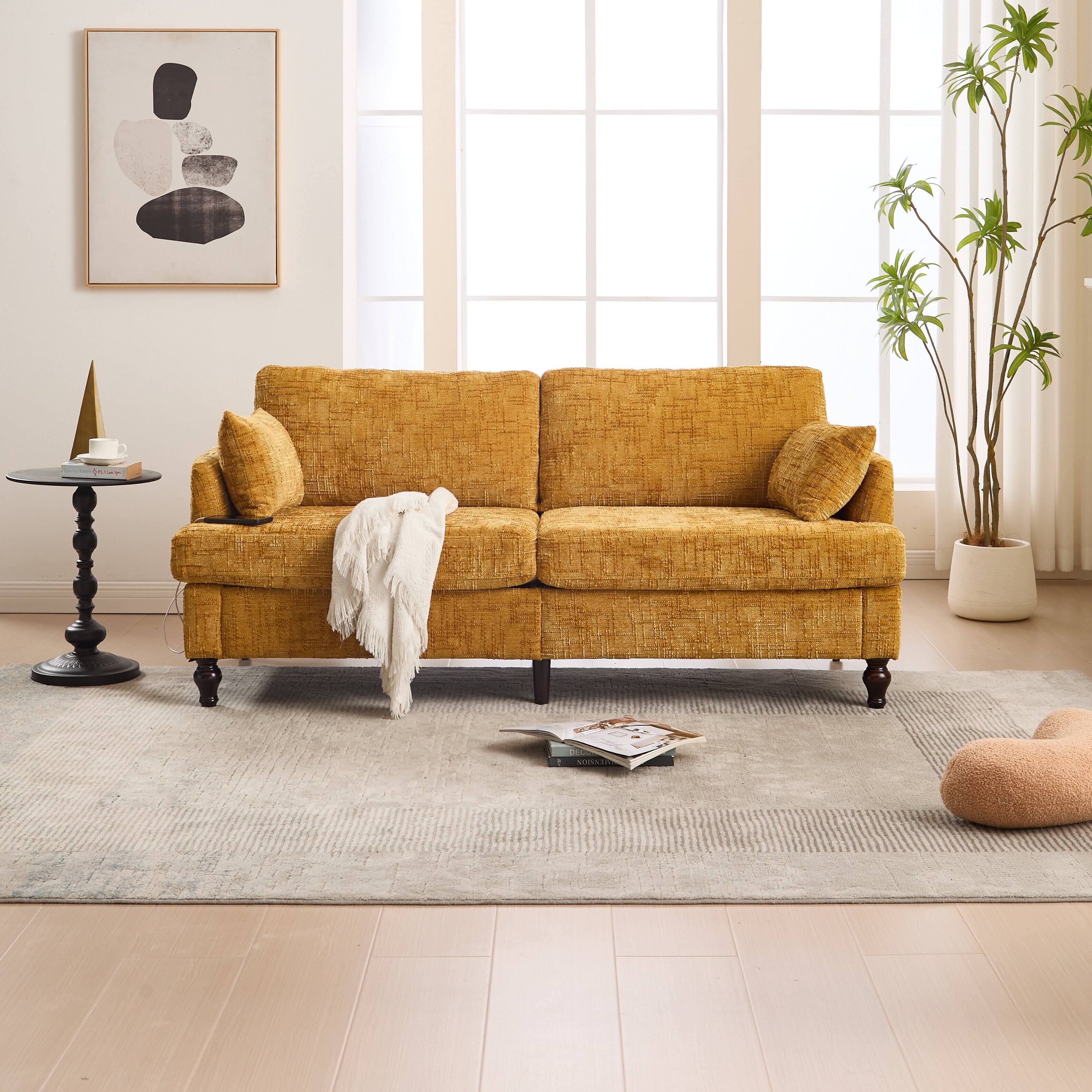 Alt View 1. Ecooso - Modern Chenille 2-Seater Sofa with Wood Legs, LED Light, USB Charging Port & Storage Bag for Bedroom & Study Room - Mustard yellow.