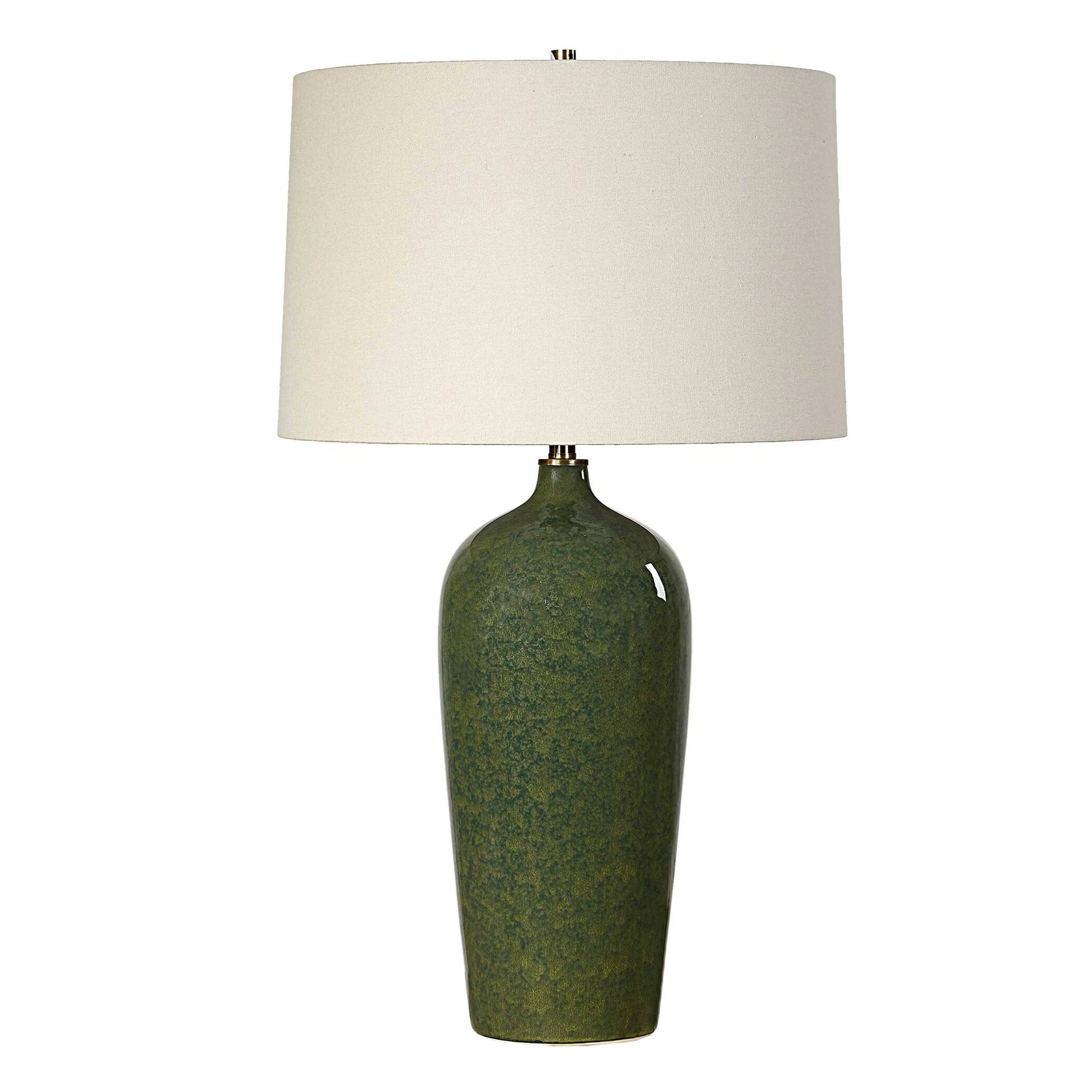 Front. Manhattan Lane - Table Lamp, Linen Shade, Ceramic 28 Inch - Emerald Green, Beige.