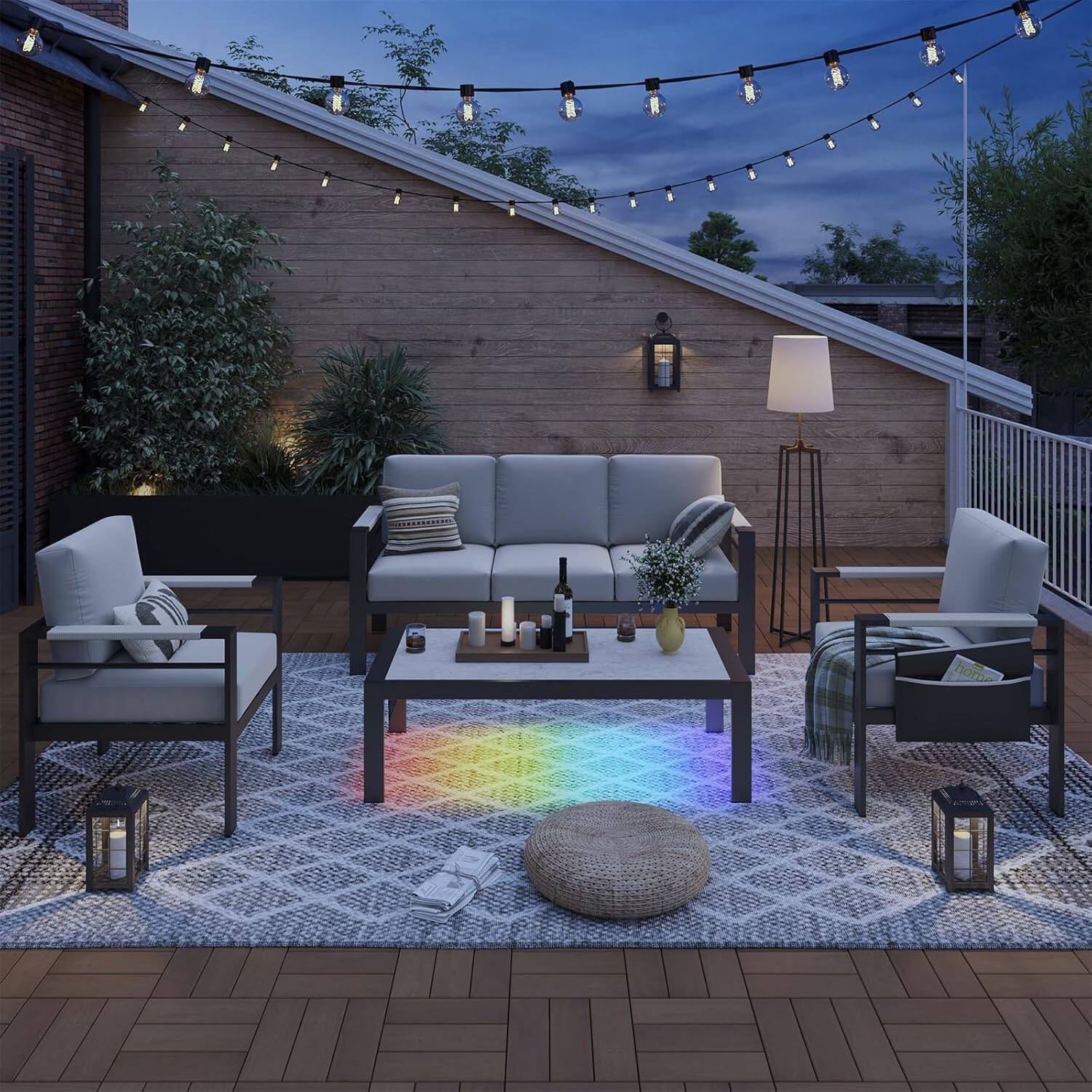 Left. Bestier - 48-inch Modern Aluminum Patio Coffee Table with LED Lights & Marble-Look Top - Grey.