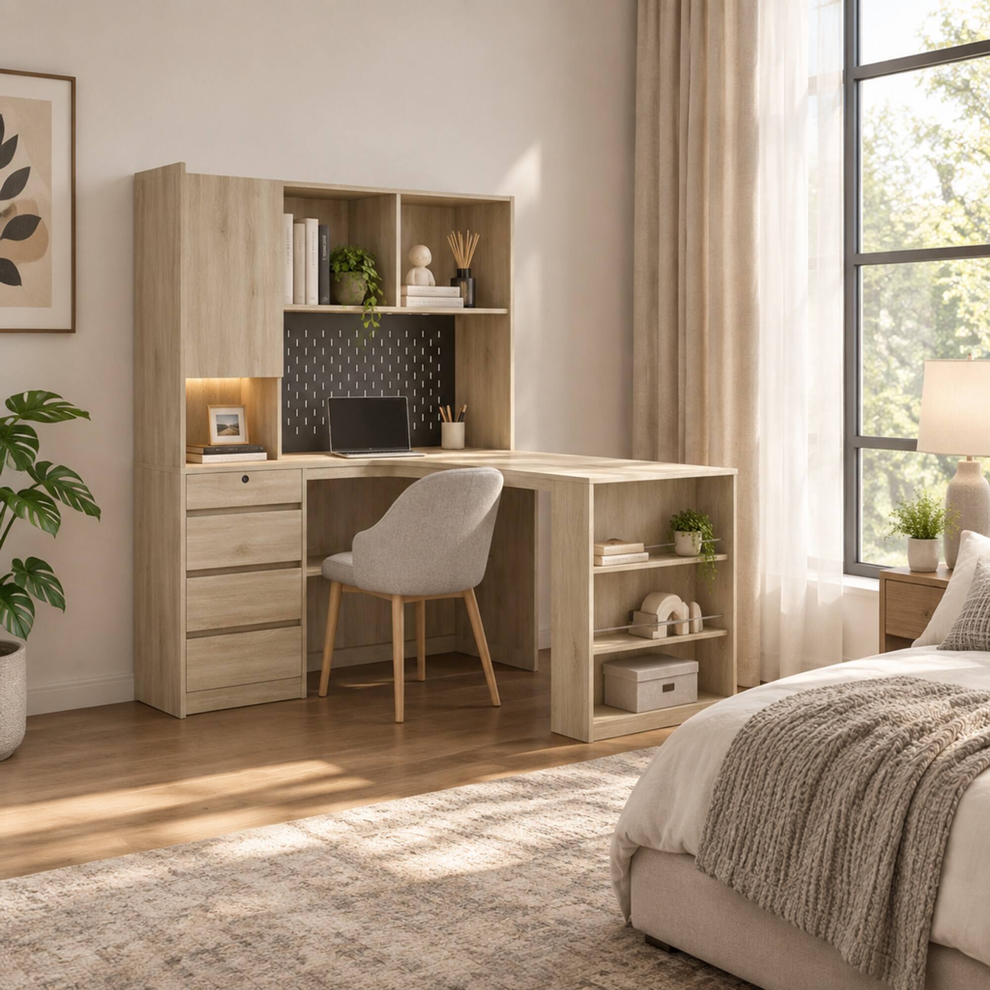 Left. RYHNUYNE - L-Shaped Corner Desk, White Finish, Built-In Charging Ports, LED Light, Storage Shelves, Modern Home Office Workstation - Wood.