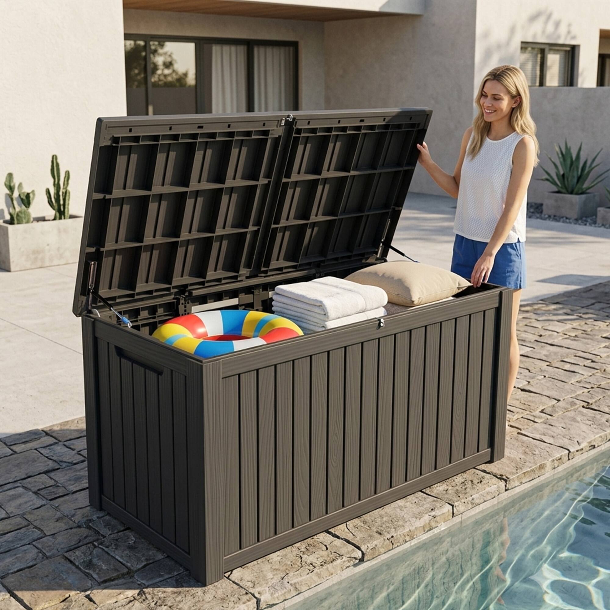 Angle. Yardgrace - 220 Gallon Outdoor Storage Box, Resin Waterproof UV-Resistant Deck Box, Reinforced Stability for Patio, Garden - Black.