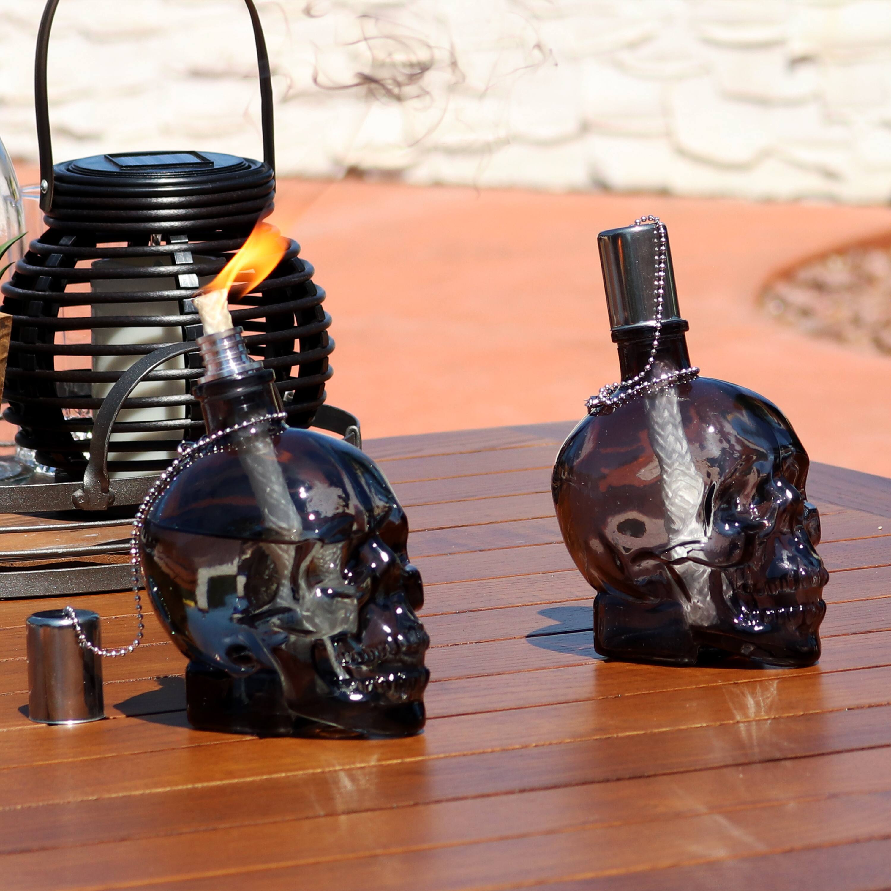 Alt View 4. Sunnydaze - Glass/Aluminum Grinning Skull Tabletop Torches - Set of 4 - Black.