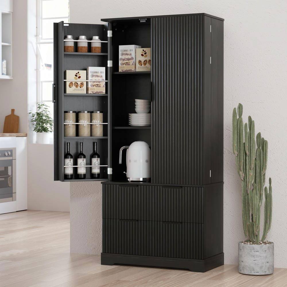 Alt View 8. Kadyn - 72" Modern Fluted Pantry with 2 Drawers and 8-Door Spice Rack - Black - Black.