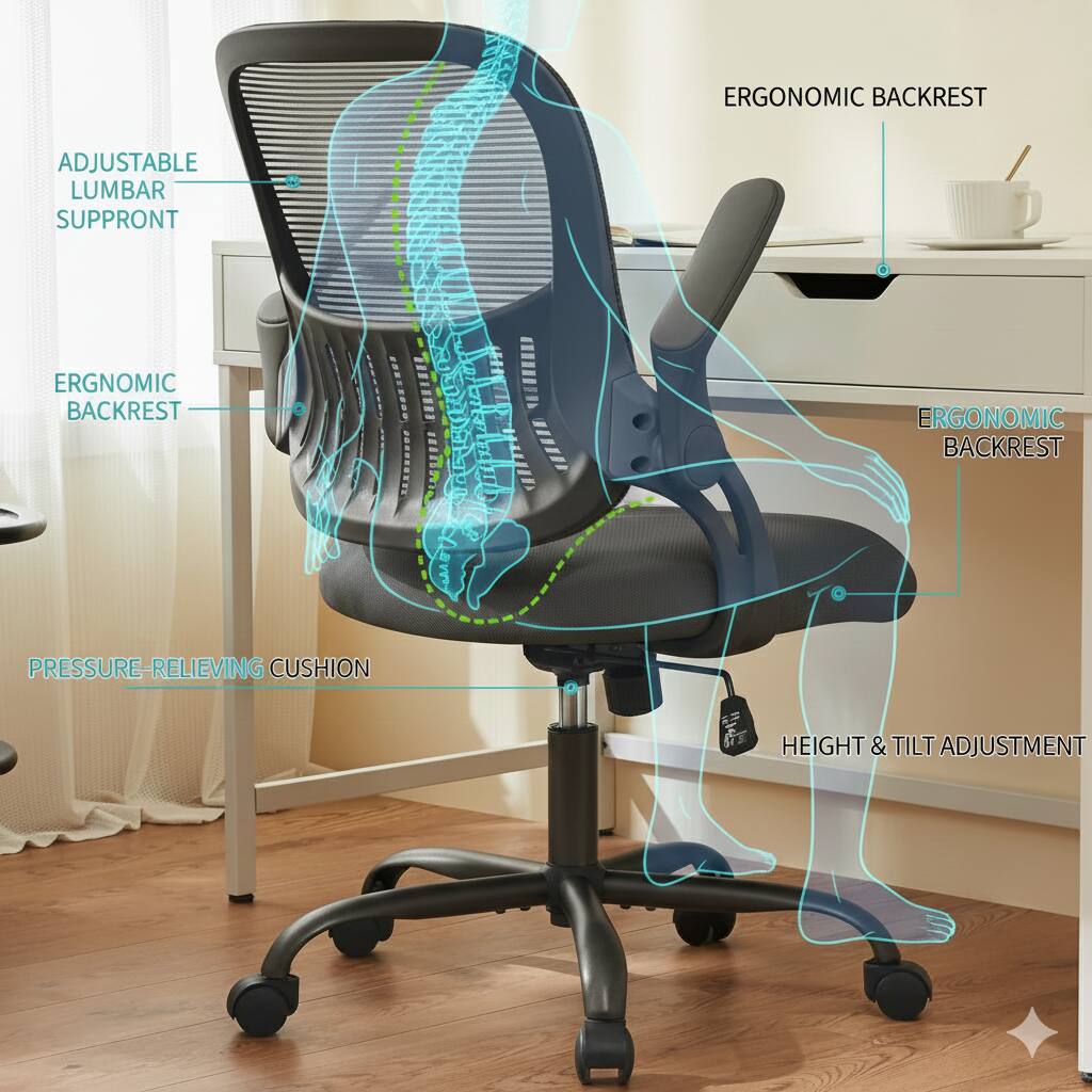 ERGONOMIC BACKREST  
ADJUSTABLE LUMBAR SUPPORT  
ERGONOMIC BACKREST  
PRESSURE-RELIEVING CUSHION  
HEIGHT & TILT ADJUSTMENT