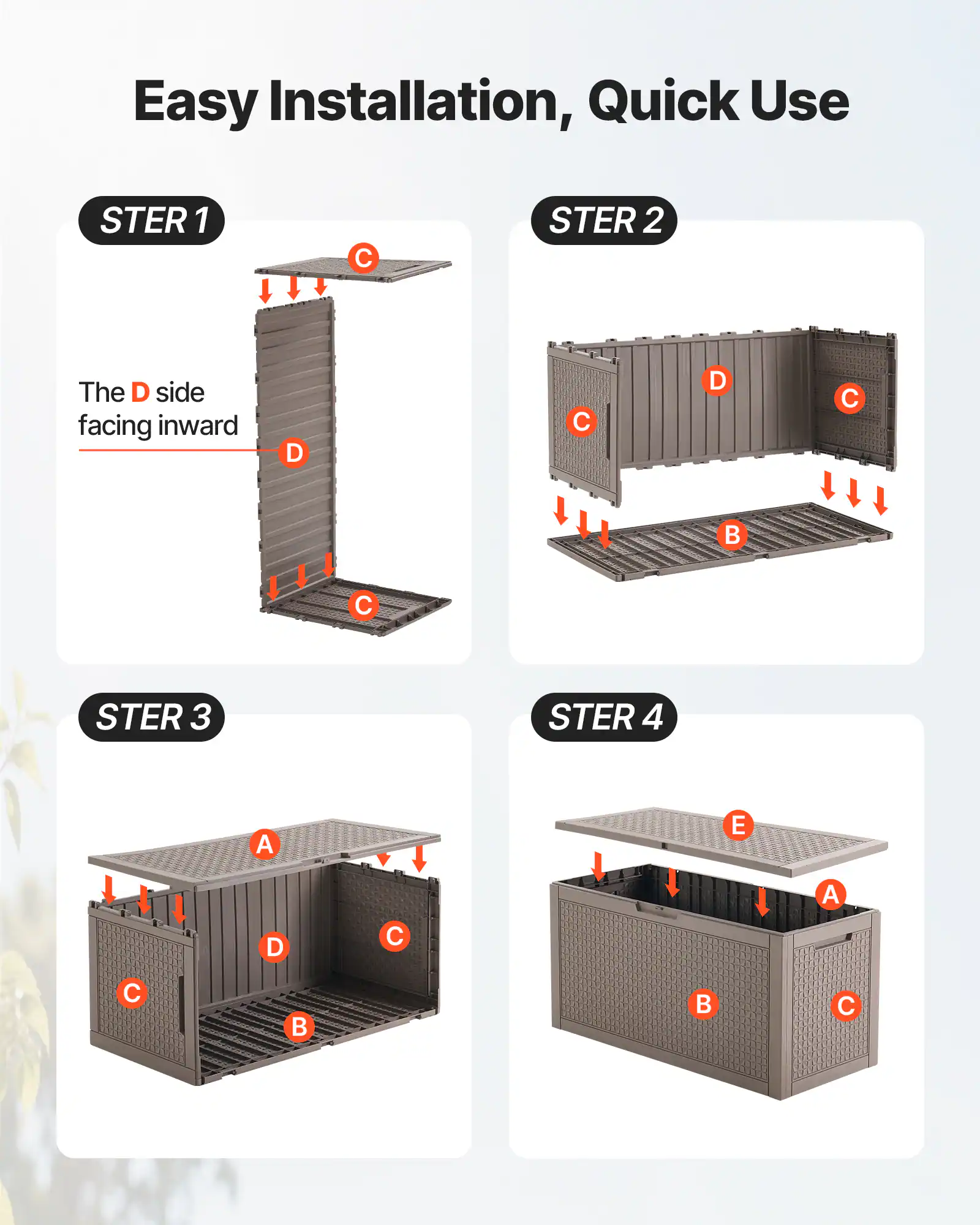 Easy Installation, Quick Use

STER 1  
The D side facing inward

STER 2

STER 3

STER 4