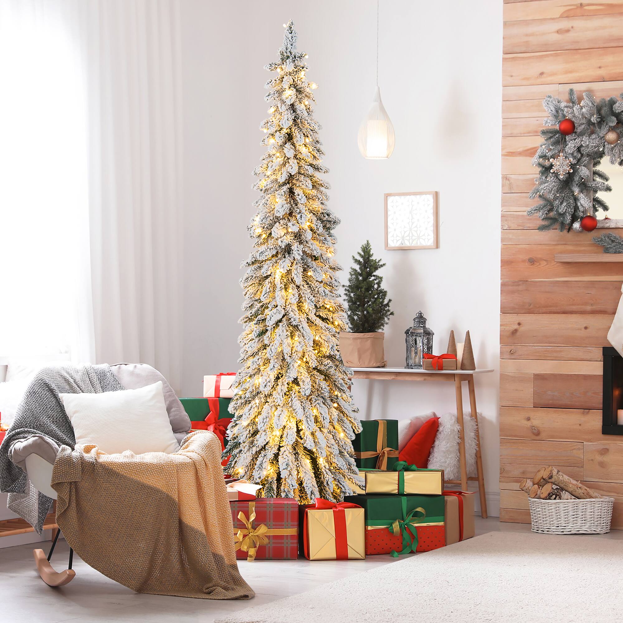 Alt View 3. Gymax - Gymax 6 FT Pre-Lit Artificial Christmas Tree Snow-Flocked Slim Pencil Christmas Tree - Green, White.