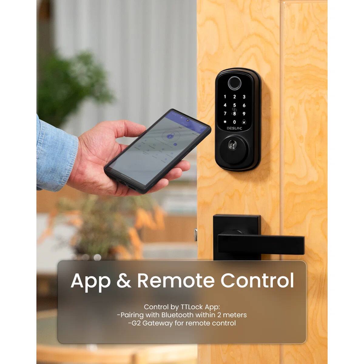 The text on the image can be grouped and corrected as follows:

**DESLAC - App & Remote Control**

**Control by TTLock App:**
- Pairing with Bluetooth within 2 meters
- G2 Gateway for remote control

**App & Remote Control**

**Control by TTLock App:**
- Pairing with Bluetooth within 2 meters
- G2 Gateway for remote control