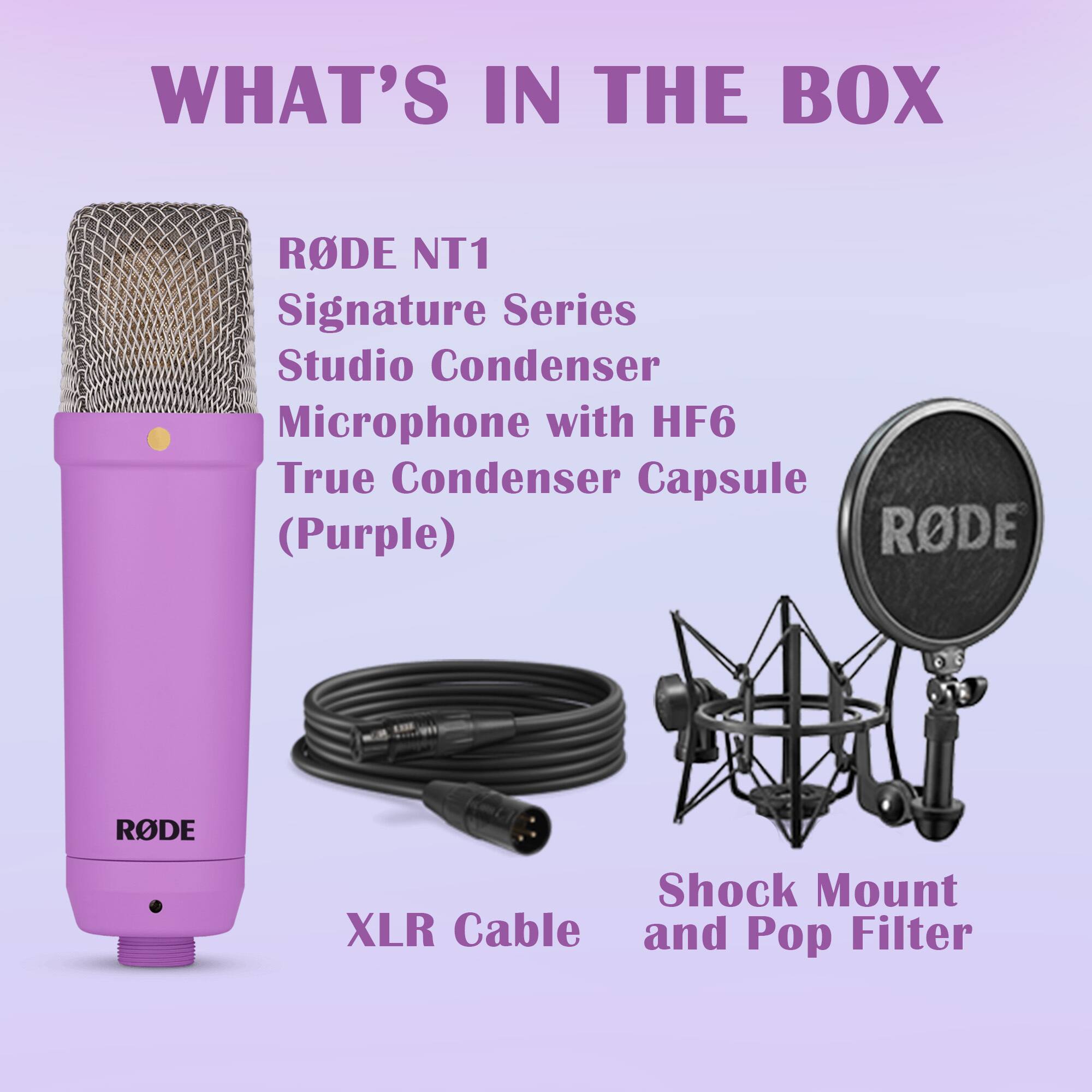 WHAT'S IN THE BOX

RØDE NT1
Signature Series
Studio Condenser
Microphone with HF6
True Condenser Capsule
(Purple)

XLR Cable

Shock Mount and Pop Filter