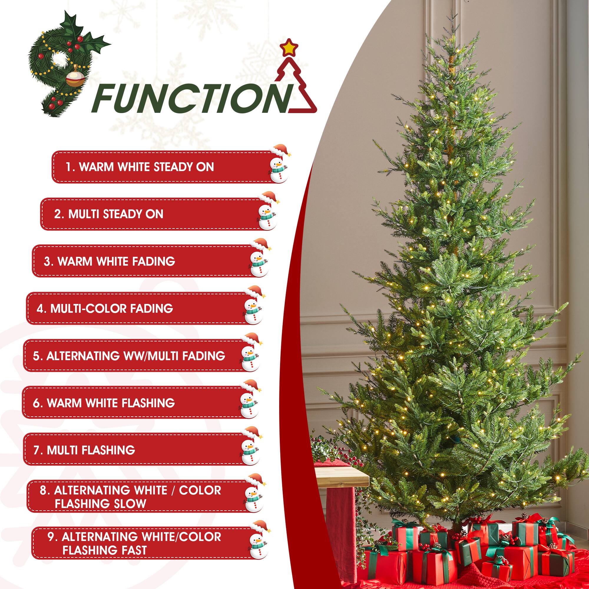 FUNCTION
1. WARM WHITE STEADY ON
2. MULTI STEADY ON
3. WARM WHITE FADING
4. MULTI-COLOR FADING
5. ALTERNATING WW/MULTI FADING
6. WARM WHITE FLASHING
7. MULTI FLASHING
8. ALTERNATING WHITE / COLOR FLASHING SLOW
9. ALTERNATING WHITE/COLOR FLASHING FAST