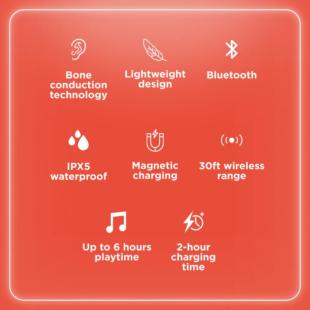 Bone Lightweight Bluetooth conduction design technology IPX5 Magnetic waterproof charging 30ft wireless range Up to 6 hours 2-hour playtime charging time