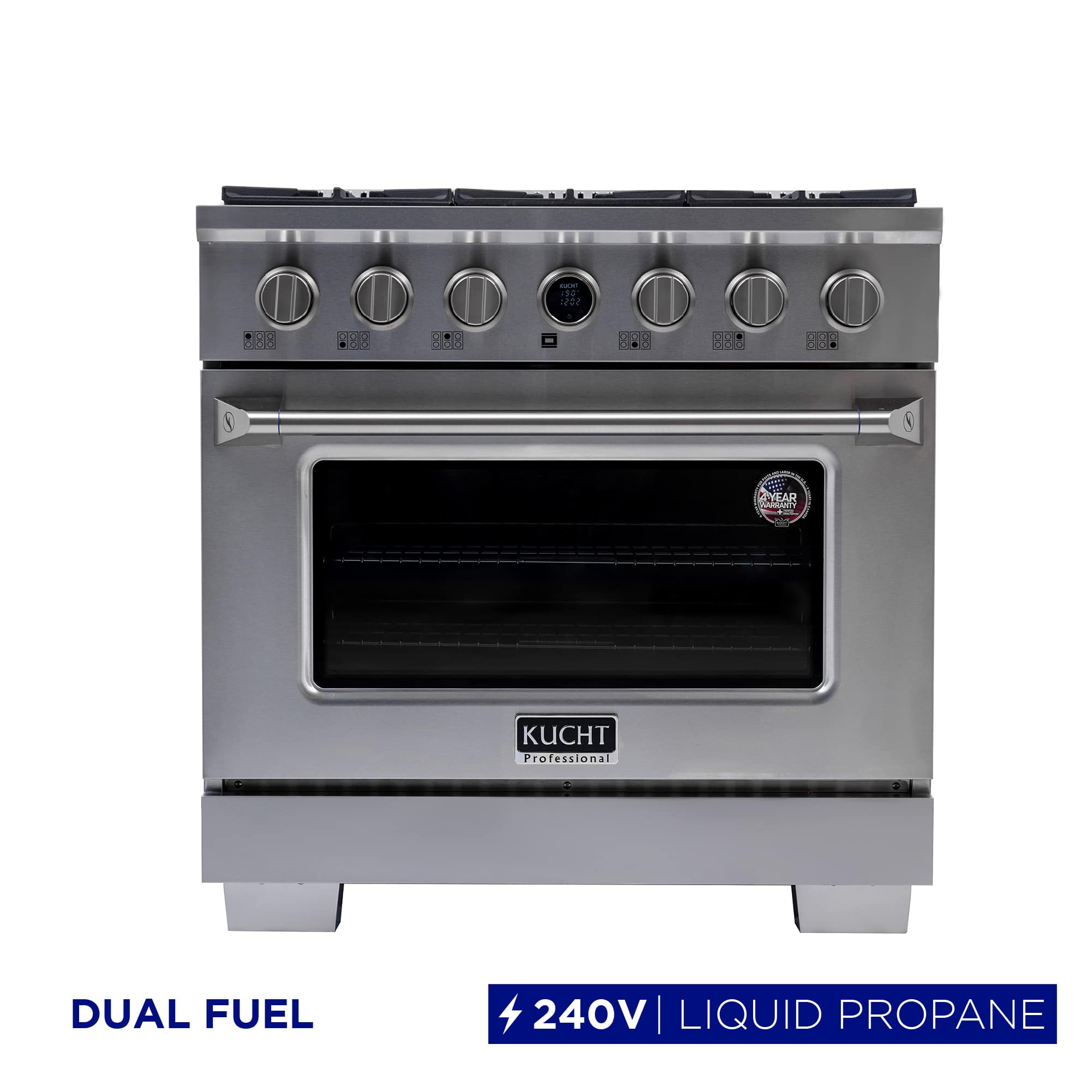 36 in. 5.2 cu. ft. Dual Fuel Range, 6 Burners, LP, Stainless Steel, Kucht Horus Thermostat - Stainless Steel