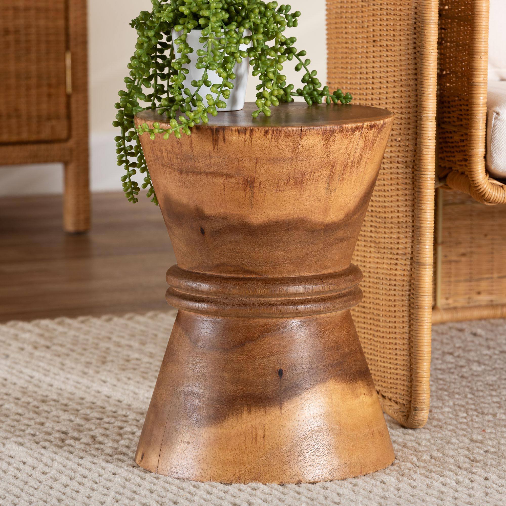 Alt View 2. bali & pari - Samira Solid Suar Wood Side Table - Handcrafted Sculptural End Table with Hourglass Design, Modern Boho Style - Natural Brown.