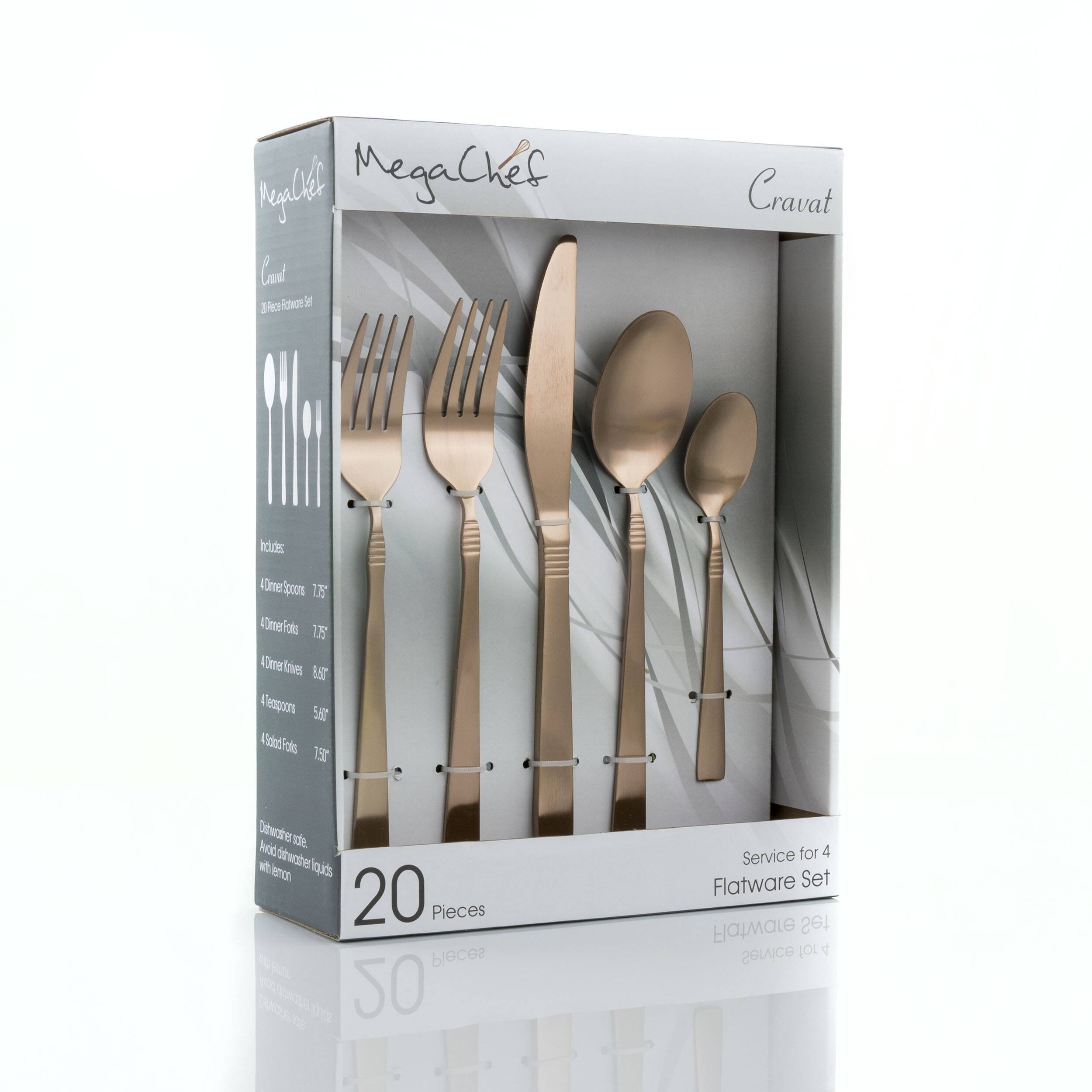 Pygalle MegaChef Cravat Includes Dinner Spoons 4 Dinner Folds 17 V0me loes 1 4 spoons 5 Want Frots Is Diwaster de hot dte iqit emon 20 Pieces Pieces - gocs 10 20 Service for 4 Flatware Set Flatware Set Service n0