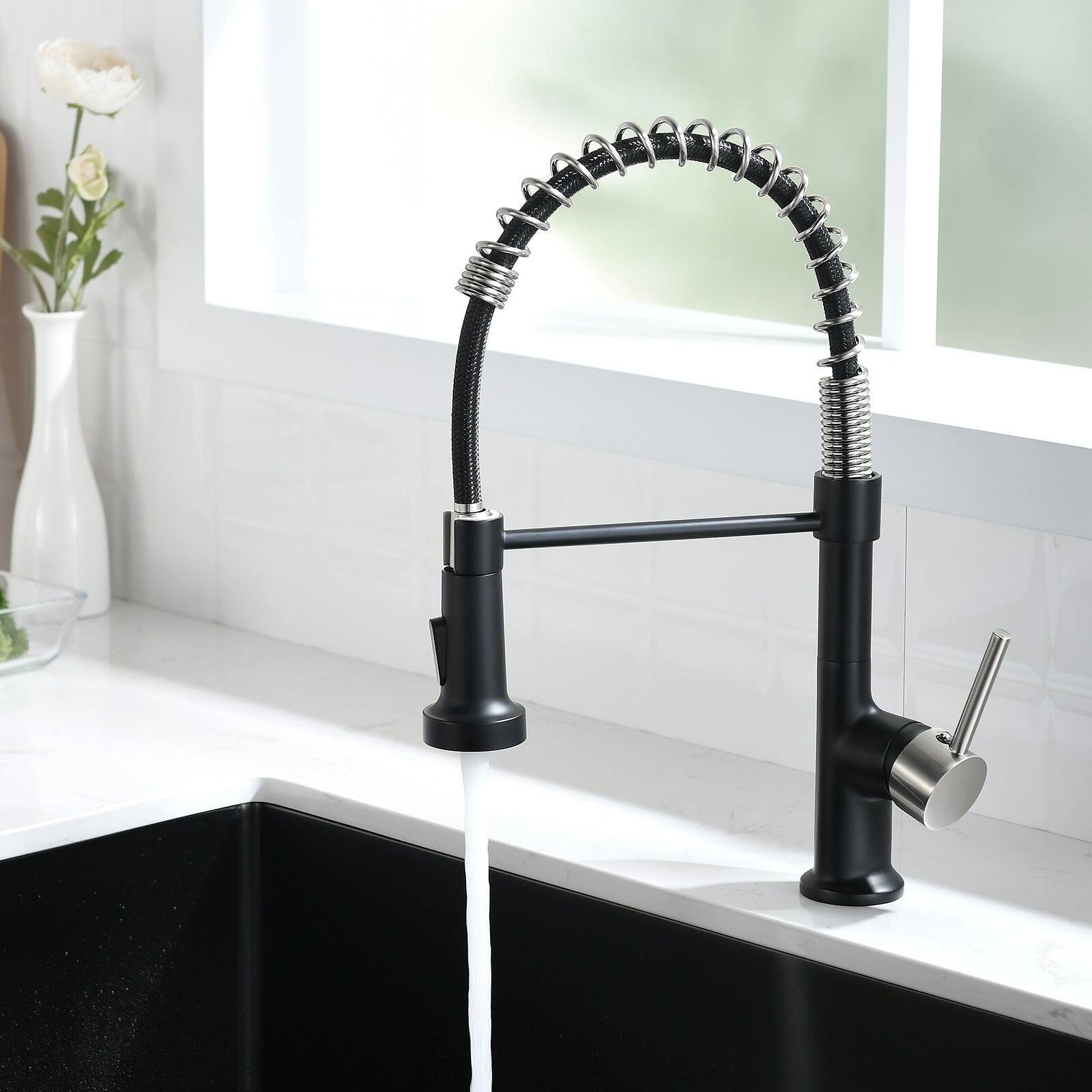 Alt View 4. Boyel Living - Matte Black with Brushed Nickel Single Handle Gooseneck Pull Down Sprayer Kitchen Faucet - Matte Black with Brushed Nickel.
