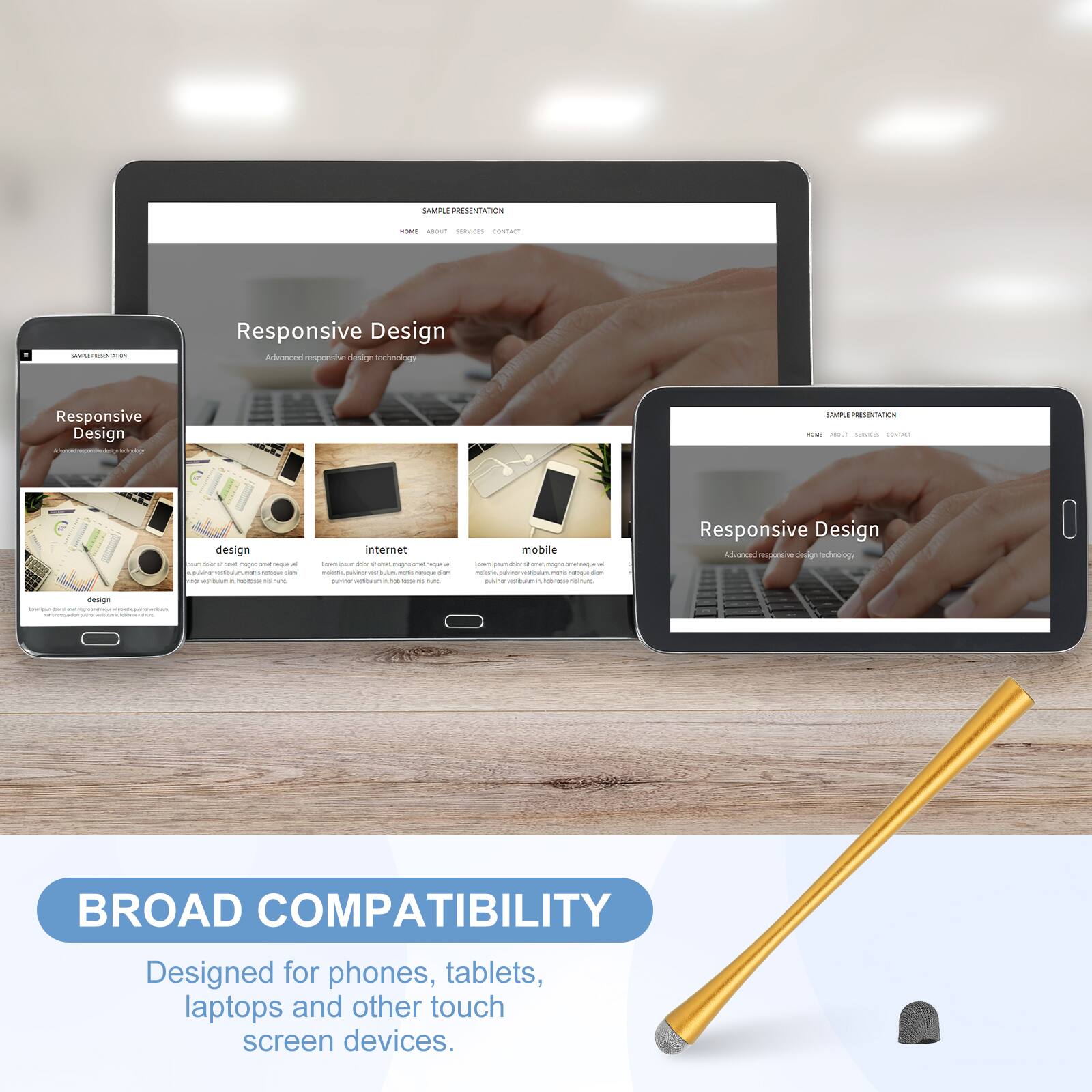 SAMPLE PRESENTATION

Responsive Design
Advanced responsive design technology

BROAD COMPATIBILITY
Designed for phones, tablets, laptops and other touch screen devices.