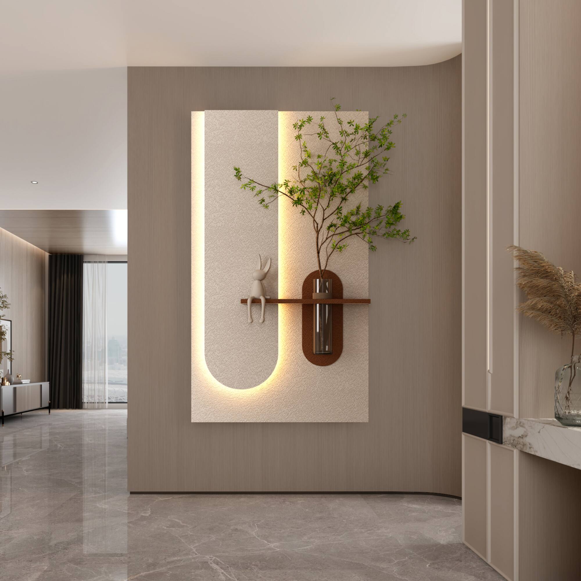Alt View 5. GOODSILO - Adjustable LED Sandstone Wall Decor with Simulated Plants and Glass Vase for Living Room and Bedroom - Light Coffee.