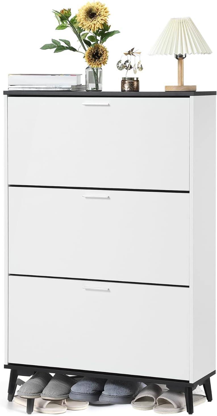 Front. Acekool - Narrow Shoe Cabinet with 3 Flip Drawers, 47" Tall Slim Farmhouse Entryway Organizer, Freestanding Storage, White - White.