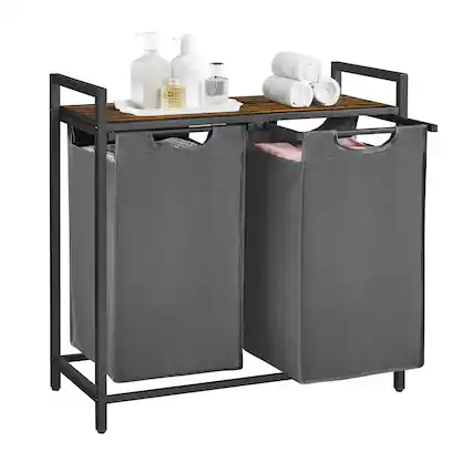 Front. Songmics Home - Laundry Basket, 2-Compartment Laundry Hamper, Pull-Out and Removable Laundry Bags, Laundry Sorter, Shelf, Metal Frame - Rustic Brown and Grey.